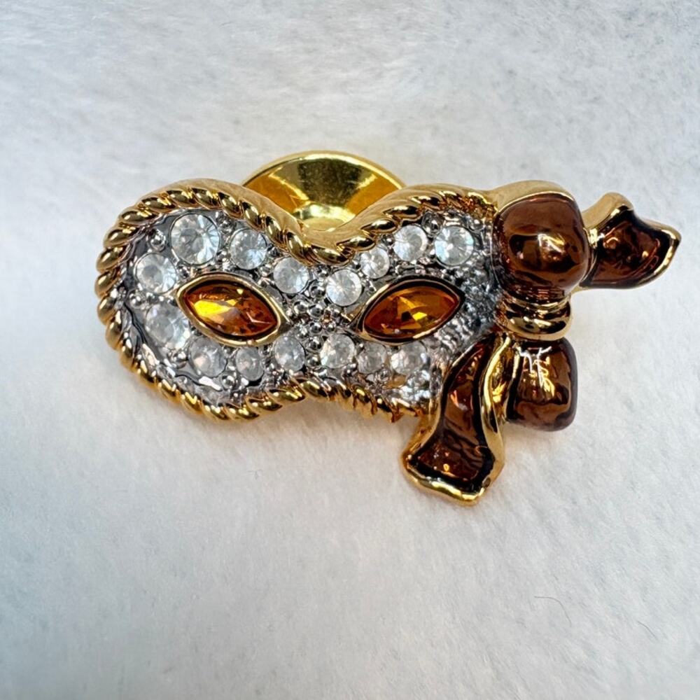 Signed Swarovski Masquerade Mask Pin with Bow, 1990s Boutique Line
